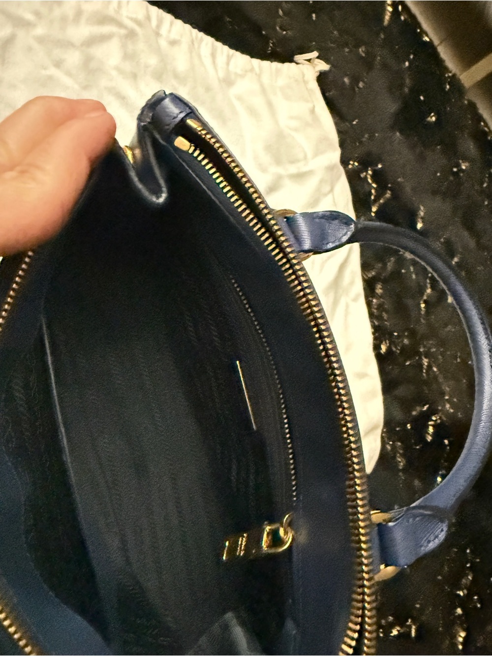 Prada Navy Saffiano Leather Double-Handle Satchel with Gold Hardware - Picture 14 of 16